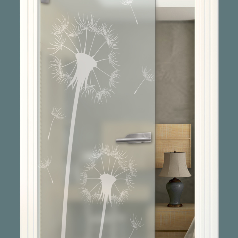 Sandstrahlmotiv auf Glastür Satinato, Pusteblume